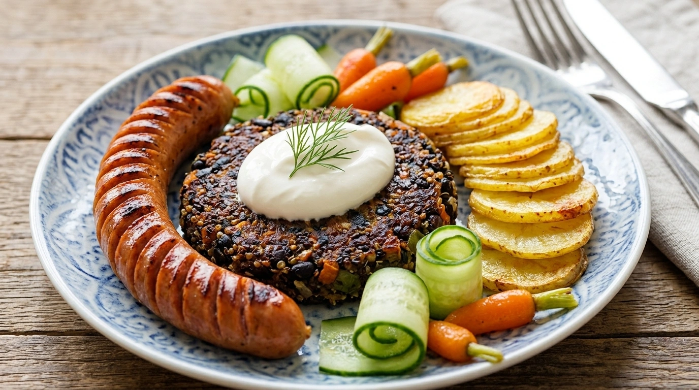 Vegetariska biffar på svarta bönor med ugnspotatis